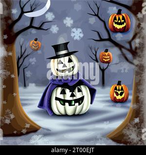 Halloween carved pumpkins and bats in the snowy forest vector illustration. Vector illustration Stock Vector