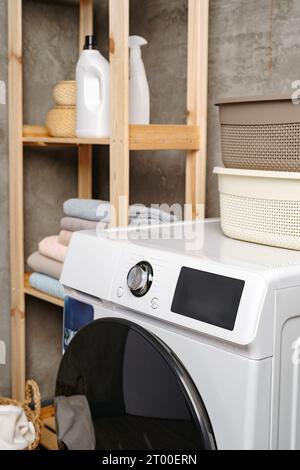 Cropped photos of bathroom interior with washing machine Stock Photo
