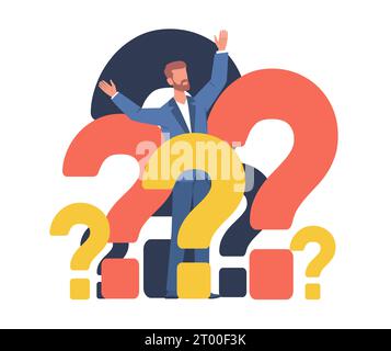 Confused man standing among question marks, concept of confusing options and complicated answers. Solving problems, finding new opportunities Stock Vector