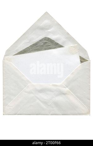 Vintage envelope front with card inside isolated on white background. Letter top view Stock Photo