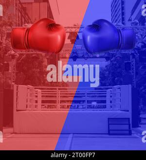 Boxing ring arena with red and blue boxing gloves. Stock Photo