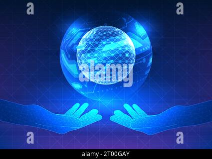 Artificial intelligence,where technology meet humanity.Hands reaching out technological lines,symbolizing the integration of Ai.Perfect for conveying Stock Vector