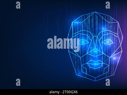 Technology concept background featuring the face of an artificial intelligence robot.The robot's page displays alternating code numbers, symbolizing a Stock Vector