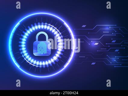 Lock with a fingerprint scanner, a glowing technology circle, and a circuit element. Discover the concept of data protection, emphasizing cyber securi Stock Vector