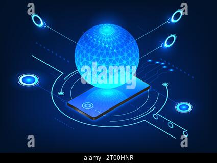Mesmerizing technology picture featuring a mobile phone at its core. Above the screen, a processor-like circle effortlessly converts data and commands Stock Vector
