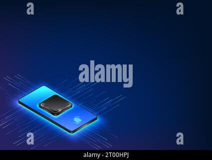 Smart phone with a microchip processing and storing data. Surrounding the phone, there are signals transmitting, showcasing advanced technology and co Stock Vector