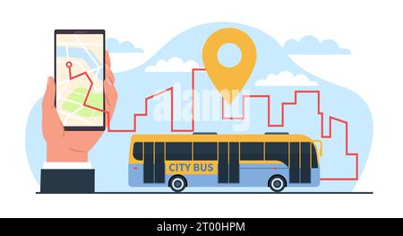Mobile application on smartphone to track bus routes on city map. Cartoon flat style illustration. Hand hold phone. Location pin. Tracking path of Stock Vector