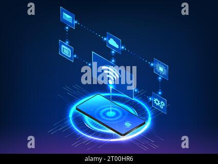 Smartphone showcasing a Wi-Fi symbol, seamlessly connected with various technology icons background. technology circle completes composition, depictin Stock Vector