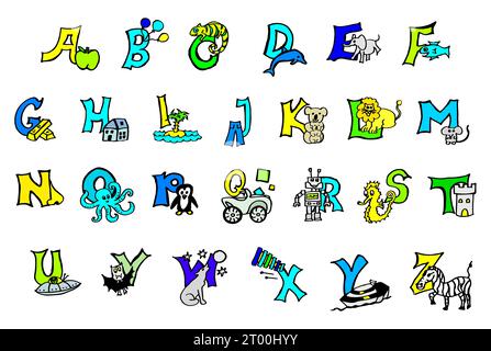 hand-painted colorful alphabet with animals, learn abc letters, writing, reading work in German and in English: Apple starts with A in both languages Stock Photo