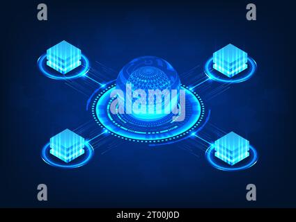 Digital background featuring an artificial intelligence circle as data and signal converter. Connects data servers via wireless networks, symbolizing Stock Vector