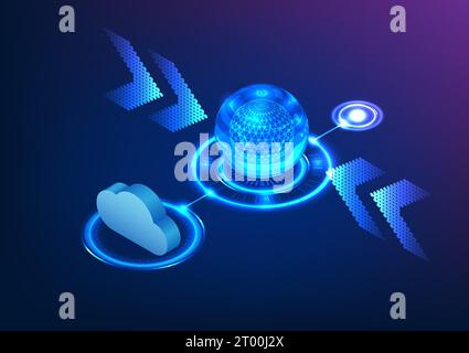 Artificial intelligence technology receives and transmits data, linked to a cloud system. Transmission speed is represented by a side arrow. Stock Vector