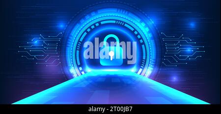 Lock within a technology circle and side circuit. A bridge forefronts the entry to the information system, guarded by a lock symbolizing cyber securit Stock Vector