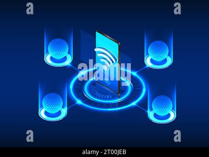 Tech backdrop with smartphone at center, surrounded by Wi-Fi symbol and processor-connected lines. Glowing tech circle at phone's bottom. Illustrating Stock Vector