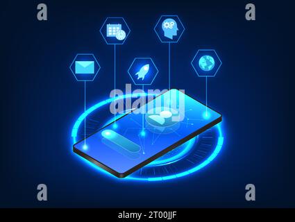 Digital technology mobile phone rests on a dark blue background, its screen adorned with icons representing smart technology, global connectivity, art Stock Vector