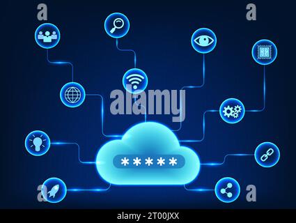 Cloud technology It is a technology for backing up data and sharing data to recipients via the Internet with a data security system. Vector illustrati Stock Vector