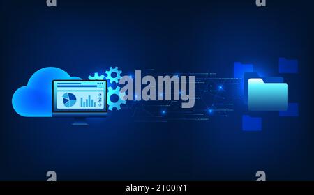 Computer technology Behind the clouds and gears are transferring files through the internet network at high speed to the cloud. which can share inform Stock Vector