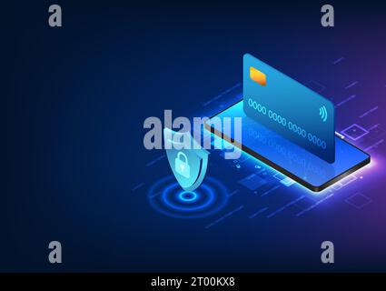 Smartphone technology with credit card placed on top of mobile screen Equipped with a shield with a lock on the front Smartphone technology that has a Stock Vector