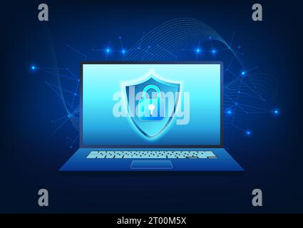 Computer technology The screen is a shield and a lock, and the background is a striped element, a computer concept with technology that prevents virus Stock Vector