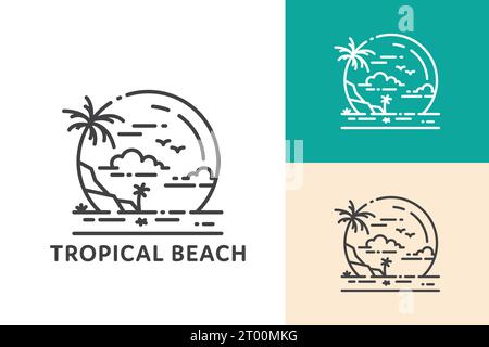Tropical beach logo with circular palm trees line art emblem design for tourism holiday and hotel Stock Vector
