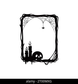 Halloween holiday scary black frame adorned with skull, spider on cobwebs, and burning candle. Isolated vector rectangular decorative border for eerie memories, capturing spooky essence of holiday Stock Vector