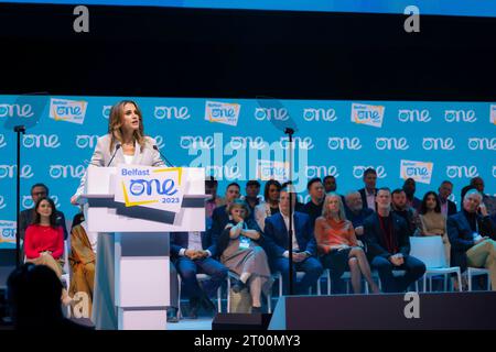 Queen Rania of Jordan in Belfast, on October 02, 2023, she calls on Young People to Use Their Time Wisely in the Pursuit of Peace and Progress at the One Young World Summit Photo: Royal Hashemite Court/Albert Nieboer/Netherlands OUT/Point de Vue OUT Stock Photo