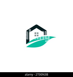 Flat green home with green leaf inside. Home Leaf logo Stock Vector