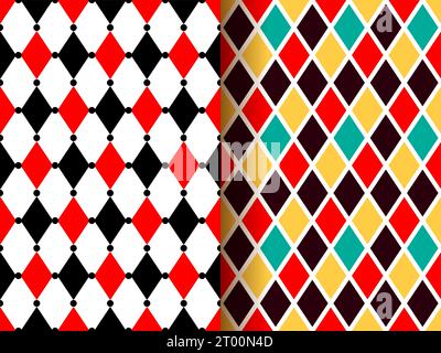 Circus harlequin clown carnival patterns, seamless vector background with geometric rhombus. Harlequin pattern of mosaic or vintage Italian tile ornament, masquerade or joker abstract pattern Stock Vector