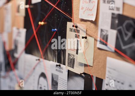 Closeup background image of evidence board with red thread connecting ...
