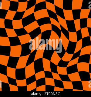 Halloween optical psychedelic pattern, wavy background. Vector distorted tile backdrop with black and orange colored mesmerizing swirls and checkers mesh, creating a surreal and hypnotic atmosphere Stock Vector