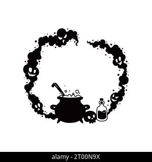 Halloween holiday scary black frame featuring a sinister cauldron, emitting an eerie, spine-tingling smoke with grimacing skills and bubbling potion, setting the spooky mood for the holiday season Stock Vector