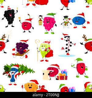 Cartoon Christmas holiday berry characters seamless pattern. Vector grapes, birds cherry, strawberry and blackberry, blueberry, honeyberry or rosehip. Gooseberry, cloudberry and cranberry personages Stock Vector