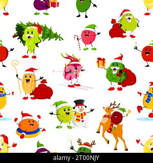 Cartoon christmas ripe raw fruit characters seamless pattern. Vector tile background with grape, melon, kaffir and lychee. Jack or dragon fruits, durian, pear, orange and mango celebrate Xmas holidays Stock Vector