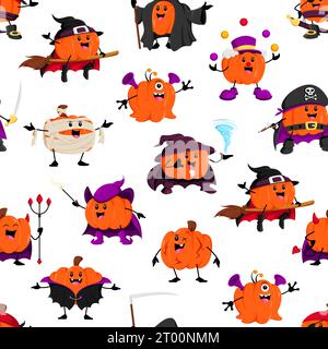 Halloween pumpkin characters pattern. Vector seamless background featuring adorable gourd personages wearing spooky costumes of witch, vampire, mummy and clown, alien, pirate or devil and grim reaper Stock Vector