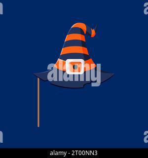 Cartoon Halloween witch hat photo booth mask and props. Isolated vector whimsical accessory, striped wizard cap with wide brim and buckle, perfect for capturing fun and spooky moments on festive night Stock Vector