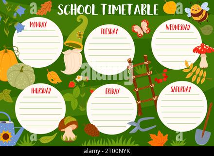 School education timetable schedule. Autumn leaves, animals, plants and gnome garden tools. Children study week timetable, school classes vector schedule with ladder, mushrooms, berries and flowers Stock Vector
