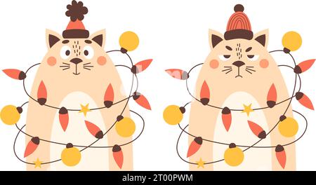 Funny sad and happy winter cat in Christmas garland with balls toys. Vector illustration. New Year cool character animal for design, holiday card, dec Stock Vector