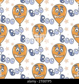 Balloons with faces and boo seamless pattern. Halloween background with characters. Cute holiday autumn print for packaging, textile and design Stock Vector