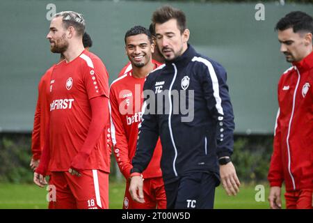 Antwerp, Belgium. 03rd Oct, 2023. Antwerp's Vincent Janssen and Antwerp's Owen Wijndal pictured during a training session of Belgian soccer team Royal Antwerp FC, on Tuesday 03 October 2023 in Antwerp. The team is preparing for tomorrow's game against Ukrainian club Shakhtar Donetsk, on day two of the Champions League group stage, in the group H. BELGA PHOTO TOM GOYVAERTS Credit: Belga News Agency/Alamy Live News Stock Photo