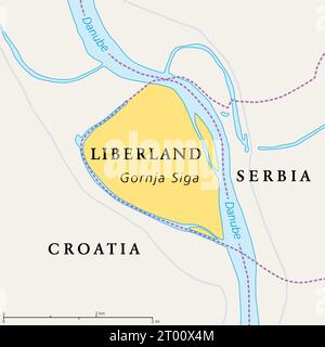 Free Republic of Liberland, political map. Unrecognized micronation in Europe claiming uninhabited parcel of disputed land between Croatia and Serbia. Stock Photo