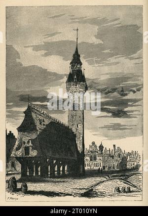 1837 : Belgium. Belfry on the Grand-Place of Lier.  Illustrator: Victor Hugo. Engraver: Fortuné Méaulle. Illustration from 'En voyage. France et Belgique' and part of a set of engravings published in the Volume XV of Victor Hugo's 'Oeuvres Complètes'. Book published by the Société anonyme de publications périodiques P. Mouillot. No date. Stock Photo