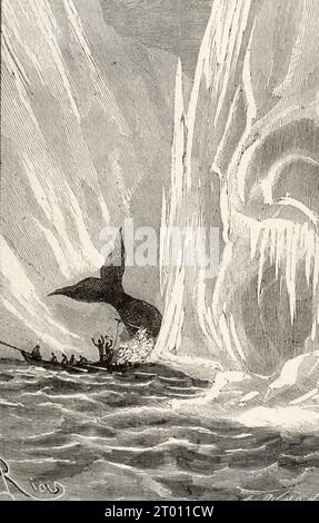 'The whale disappeared and reappeared with the waves, showing its blackish back, like a shipwreck on the open sea [...]'.  Illustration by Edouard Riou published in 'Voyages et aventures du Capitaine Hatteras : les anglais au Pôle Nord, le désert de glace' by Jules Verne. Published by: J. Hetzel (Paris) Publication date: 1867 Stock Photo