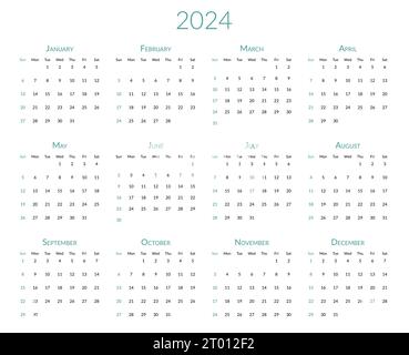 2024 year calendar. The week starts on Sunday. Desk planner template with 12 months. Yearly stationery diary. Vector illustration Stock Vector