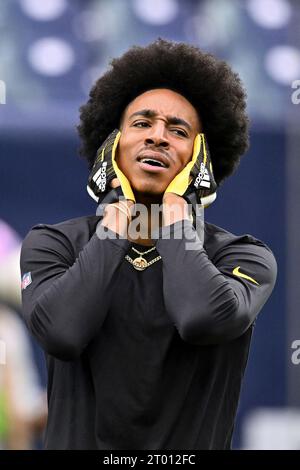 Pittsburgh Steelers safety Elijah Riley (37) runs after intercepting a pass  during the NFL football team's training camp workout in Latrobe, Pa.,  Thursday, July 27, 2023. (AP Photo/Gene J. Puskar Stock Photo - Alamy