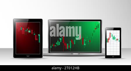Financial candlestick chart, support and resistance level chart. Charts for trading on Forex, on a computer, tablet and smartphone, mobile application Stock Vector