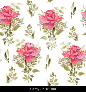 seamless watercolor ornament with red roses flowers Stock Photo