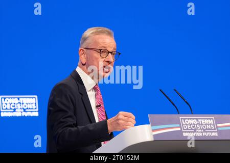 Manchester, UK. Manchester, UK. 03rd Oct, 2023. Michael Gove speaks on the 3rd day of the Conservative Party Conference in Manchester 2023. Credit: GaryRobertsphotography/Alamy Live News Credit: GaryRobertsphotography/Alamy Live News Stock Photo