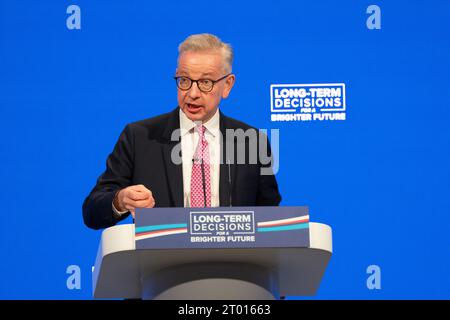 Manchester, UK. Manchester, UK. 03rd Oct, 2023. Michael Gove speaks on the 3rd day of the Conservative Party Conference in Manchester 2023. Credit: GaryRobertsphotography/Alamy Live News Credit: GaryRobertsphotography/Alamy Live News Stock Photo