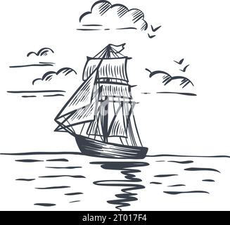 Vintage ship ink sketch. Hand engraved sea sailing ship. Retro hand drawn black frigate with flag, vector illustration Stock Vector