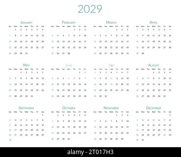 Monthly calendar of year 2029. Week starts on Sunday. Block of months in  two rows and six columns horizontal arrangement. Simple thin minimalist  design. Vector illustration Stock Vector Image & Art - Alamy