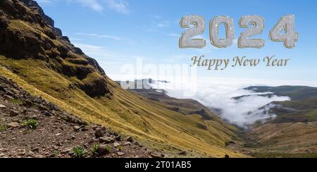 Happy New Year 2024 - Panorama on the Sani Pass between Lesotho and South Africa Stock Photo